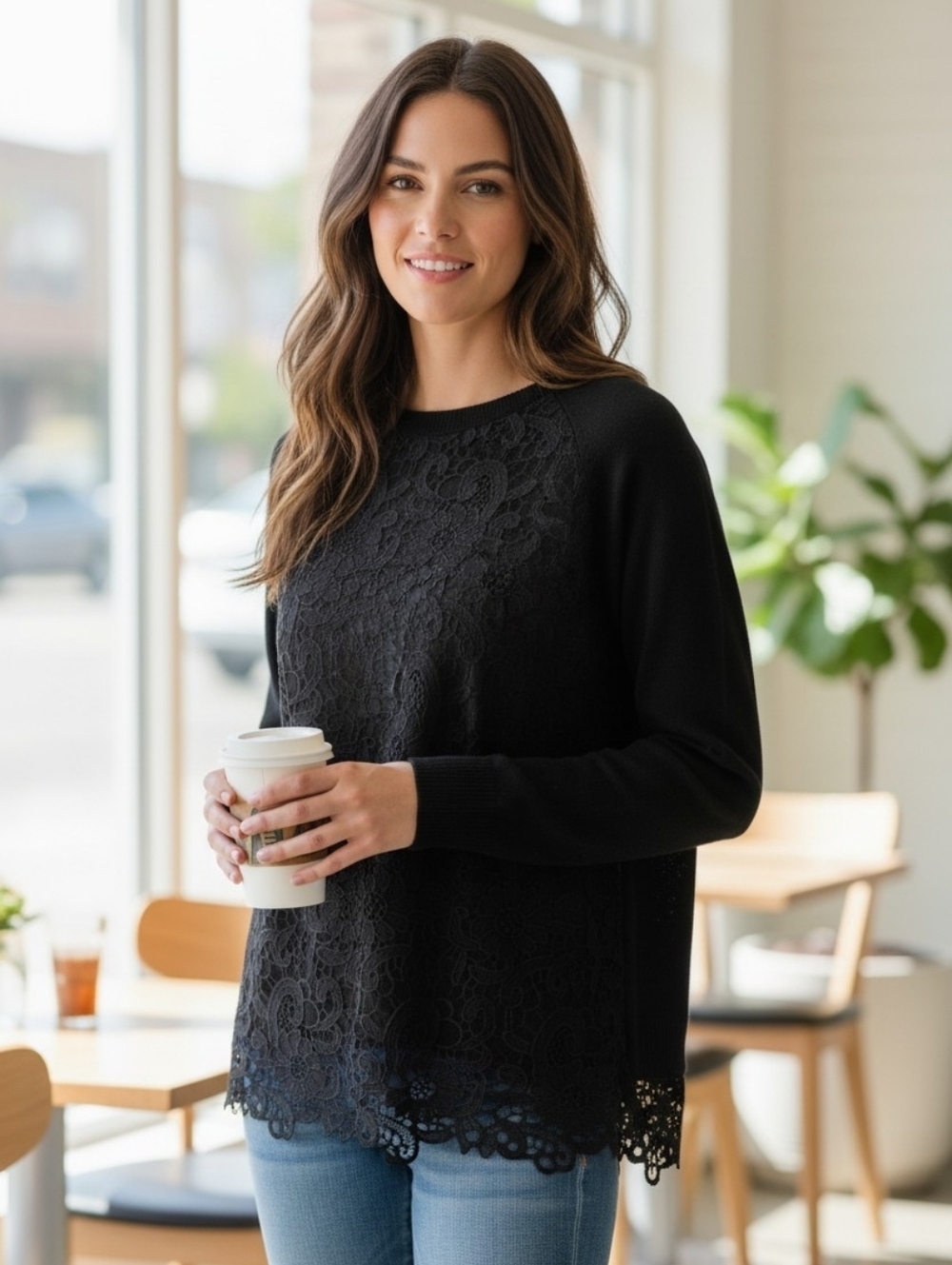 Adrianna Papell Black Lace Overlay Long Sleeve Top S